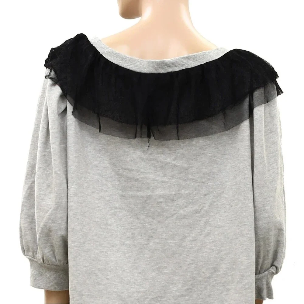 Anthropologie Maeve V-Neck Bow Sweater Pullover Top Tulle Mesh Ruffle XL 289709
